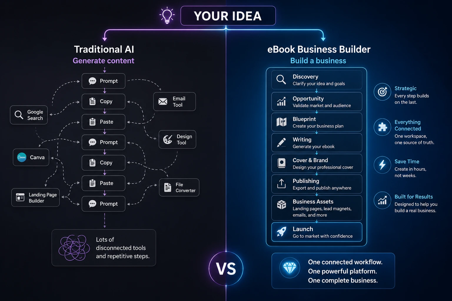 Traditional AI vs eBook Business Builder Workflow